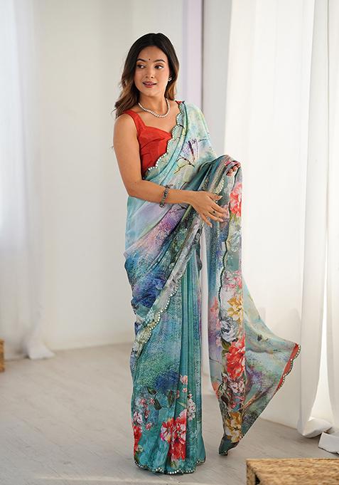 Sea Green Embroidered Chinon Saree Set