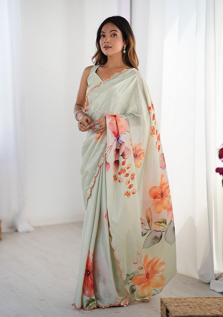 Grey Embroidered Chinon Saree Set