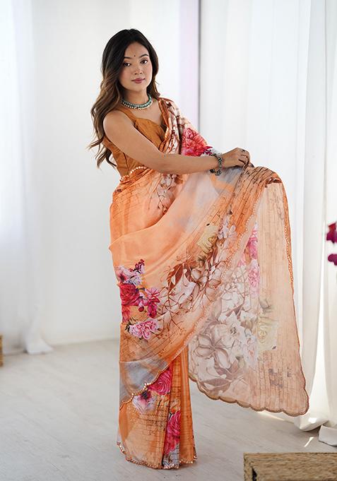 Orange Embroidered Chinon Saree Set
