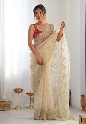 Beige Embroidered Nylone Organza Saree Set