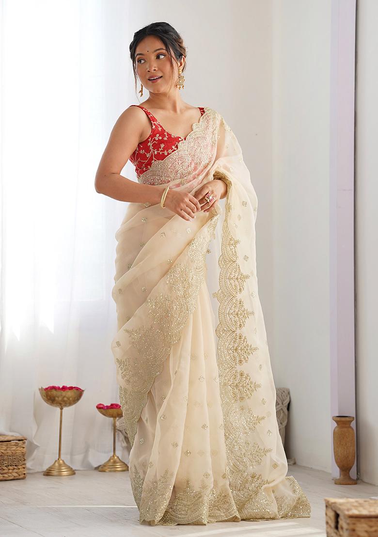 Beige Embroidered Nylone Organza Saree Set