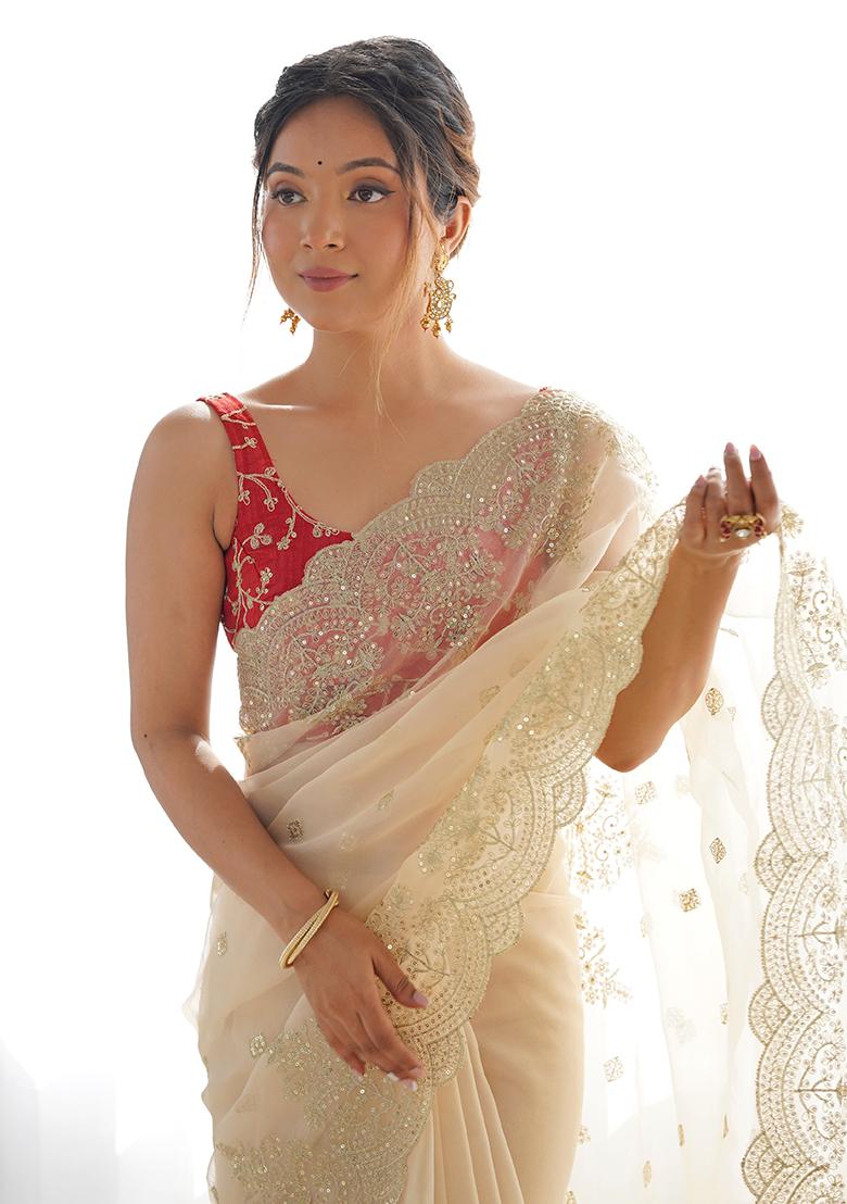 Beige Embroidered Nylone Organza Saree Set