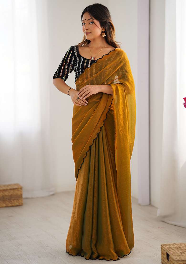 Mustard Yellow Sugar Beed And Sequance Embroidery Work Chiffon Saree Set - Indya