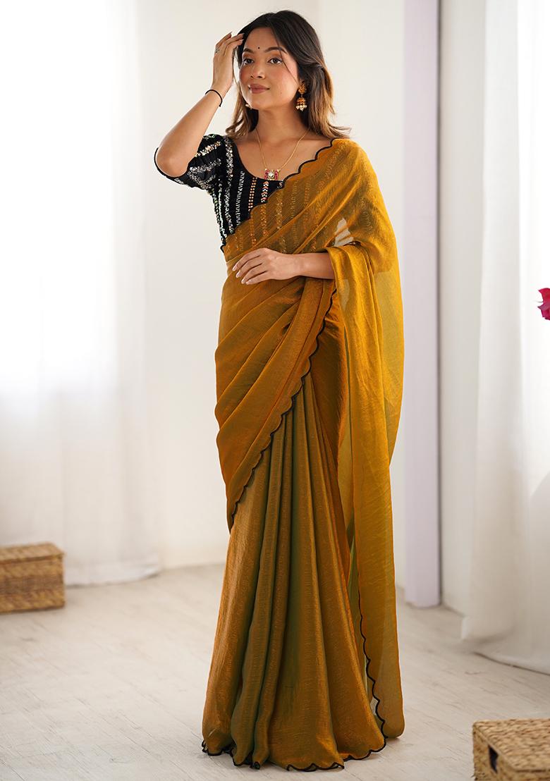Mustard Yellow Sugar Beed And Sequance Embroidery Work Chiffon Saree Set