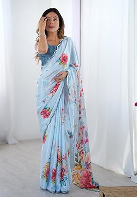 Blue Embroidered Chinon Saree Set