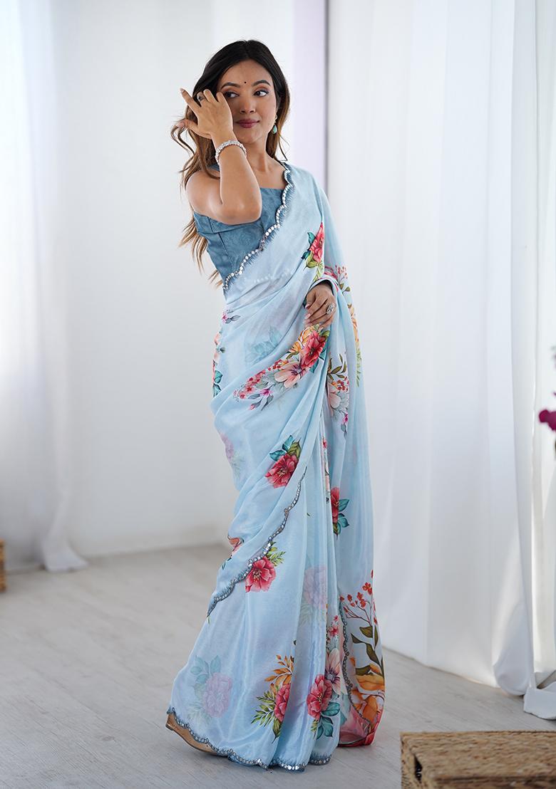 Blue Embroidered Chinon Saree Set