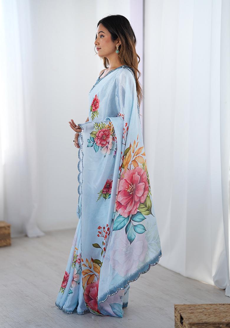 Blue Embroidered Chinon Saree Set