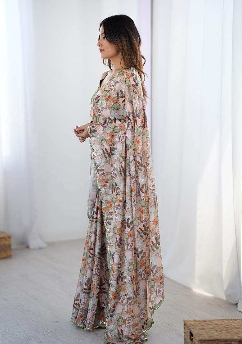 Off White Embroidered Chinon Saree Set