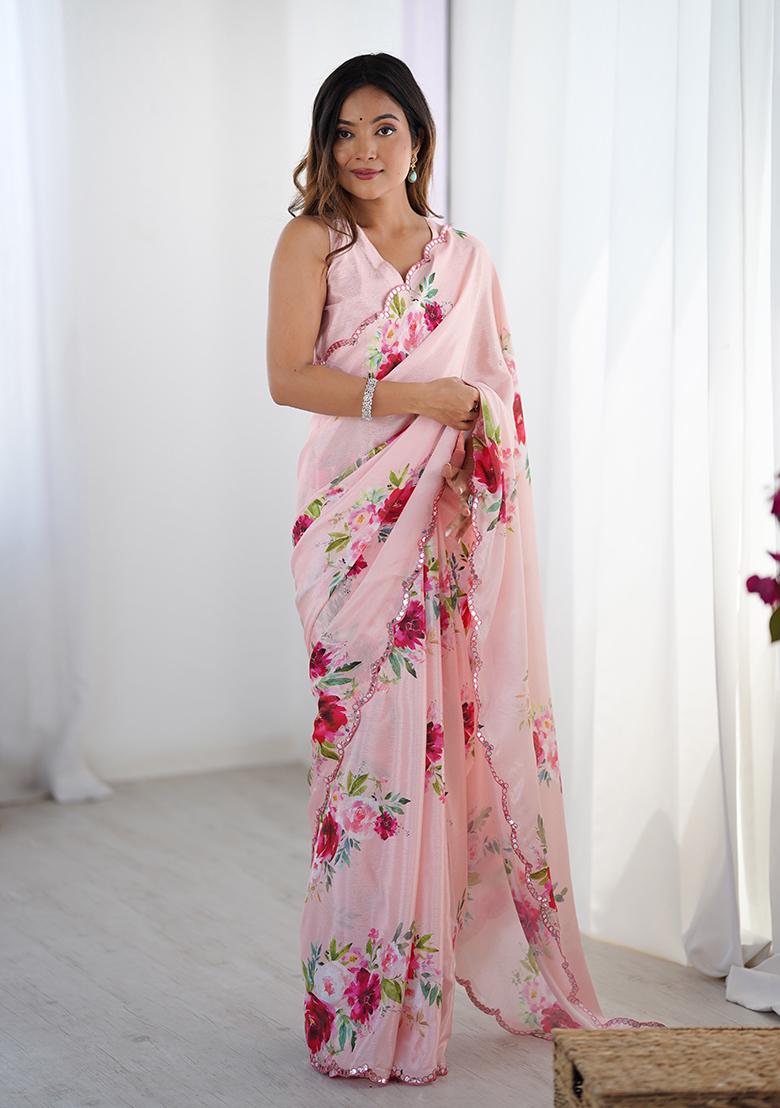 Pink Embroidered Chinon Saree Set