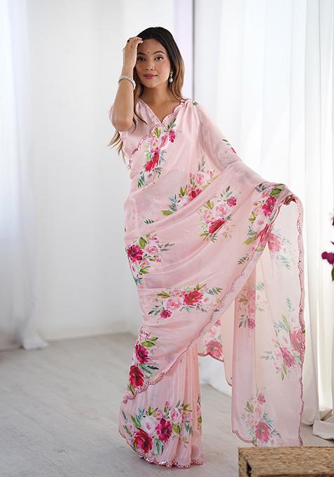 Pink Embroidered Chinon Saree Set