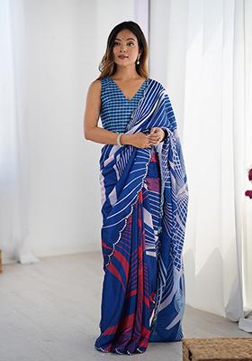 Blue Embroidered Chinon Saree Set