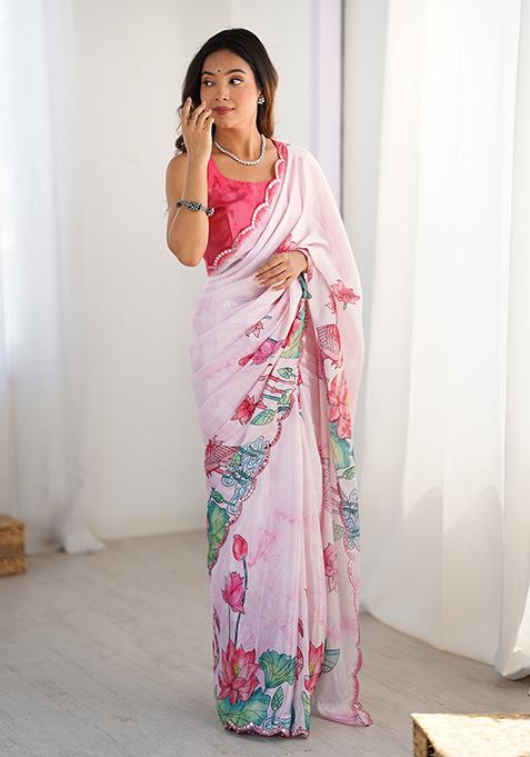 Off White Embroidered Chinon Saree Set