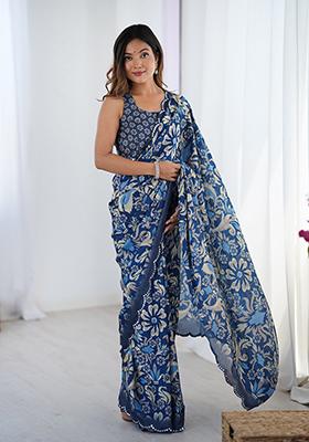Blue Embroidered Chinon Saree Set