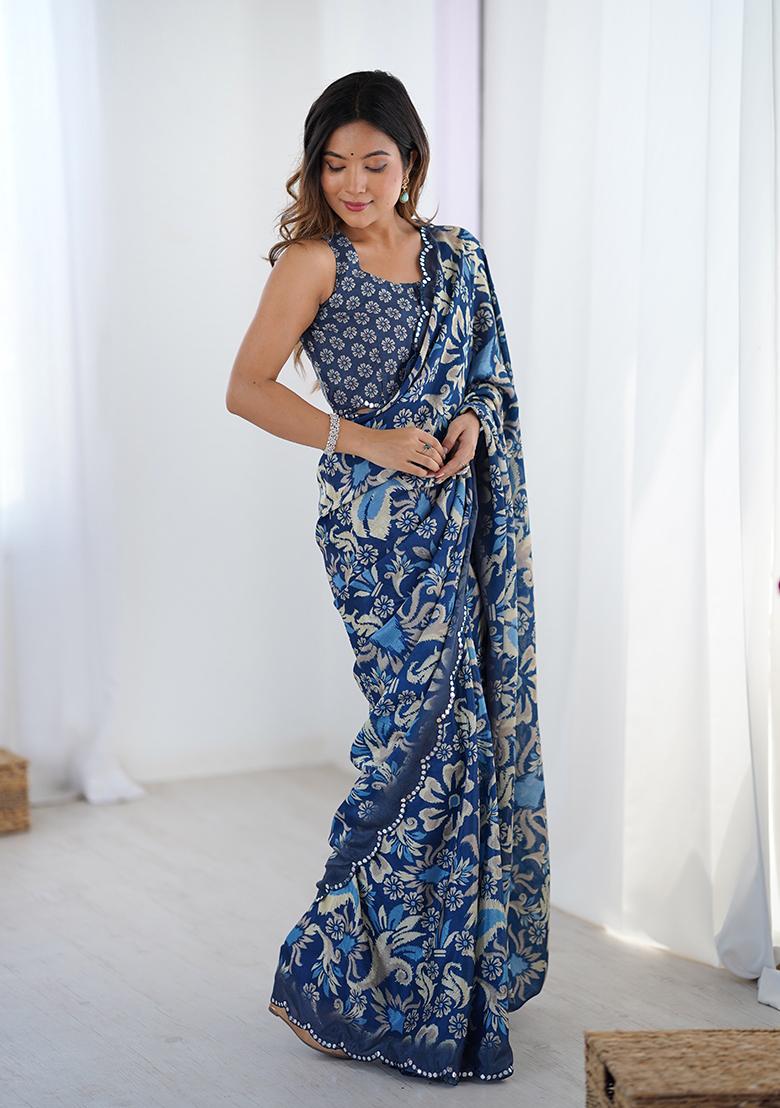 Blue Embroidered Chinon Saree Set