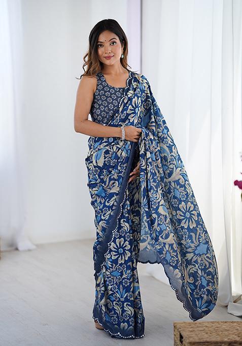 Blue Embroidered Chinon Saree Set