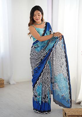 Blue Embroidered Chinon Saree Set