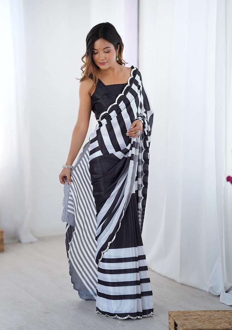 Black Embroidered Chinon Saree Set