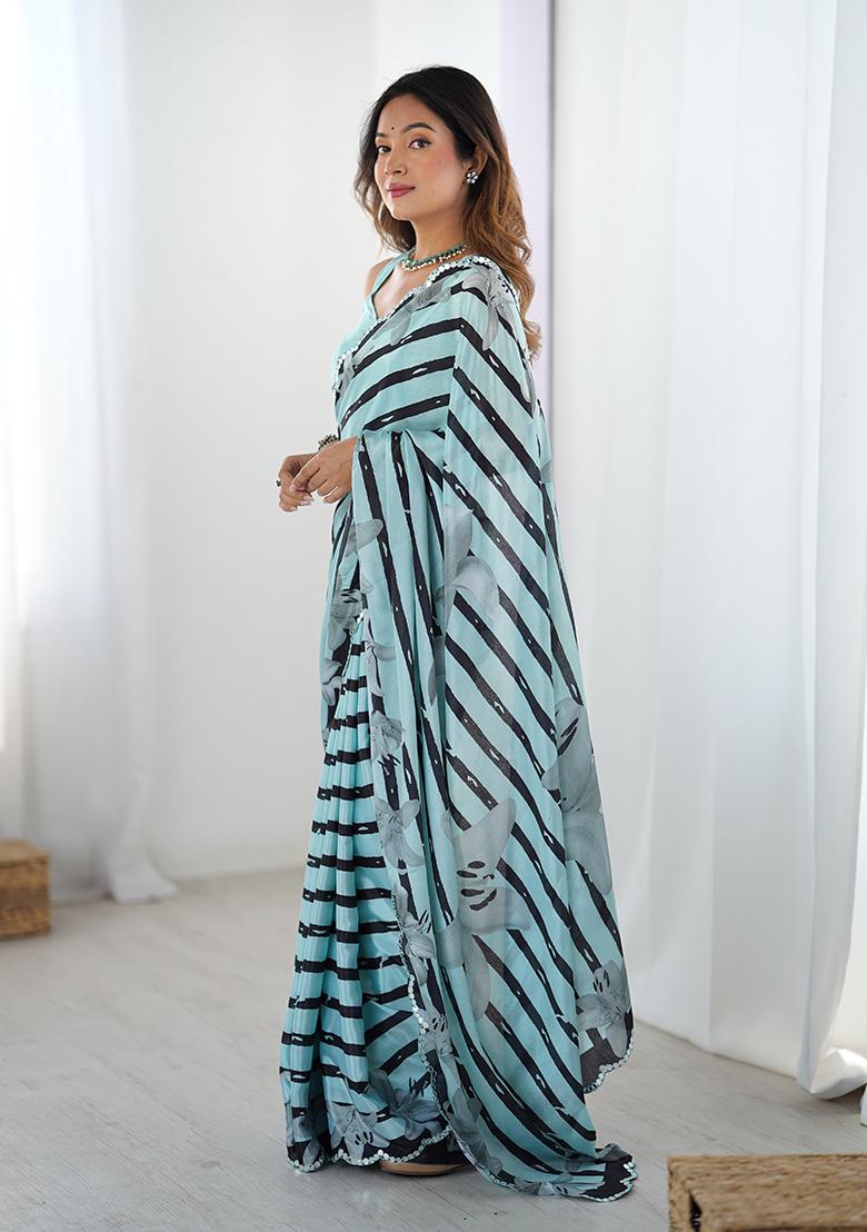 Sea Green Embroidered Chinon Saree Set