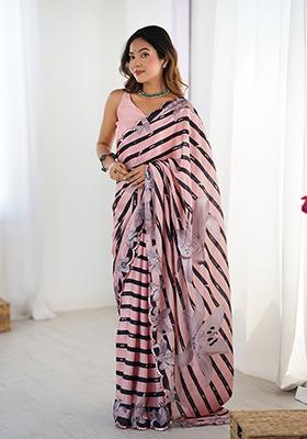 Pink Embroidered Chinon Saree Set