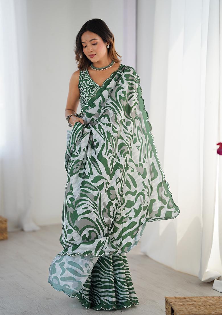 Green Embroidered Chinon Saree Set