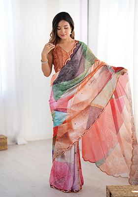 Multi Embroidered Chinon Saree Set