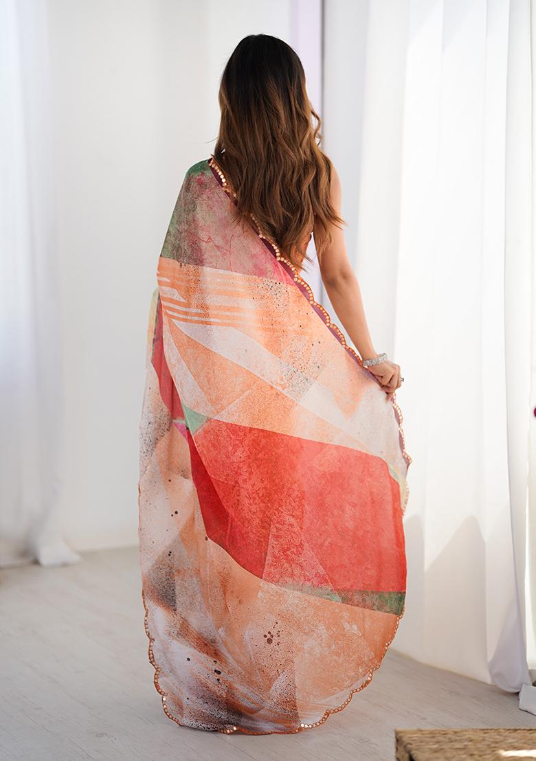 Multi Embroidered Chinon Saree Set