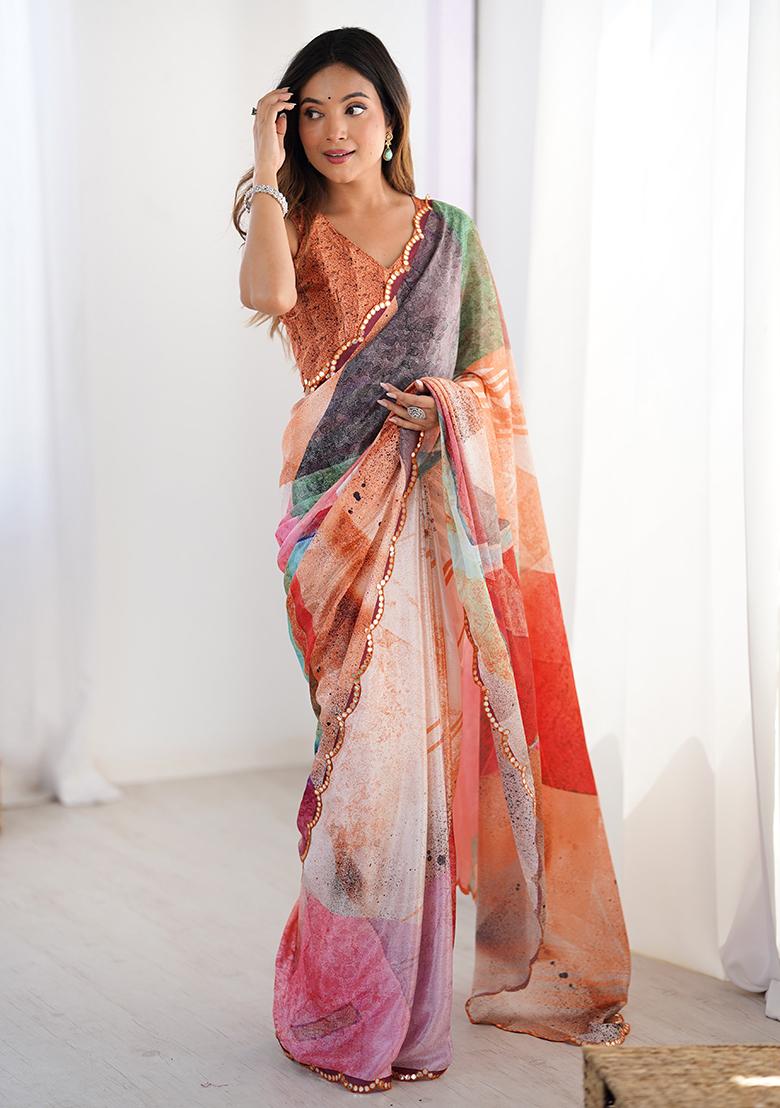 Multi Embroidered Chinon Saree Set