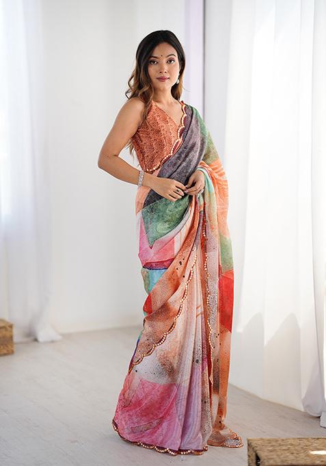 Multi Embroidered Chinon Saree Set