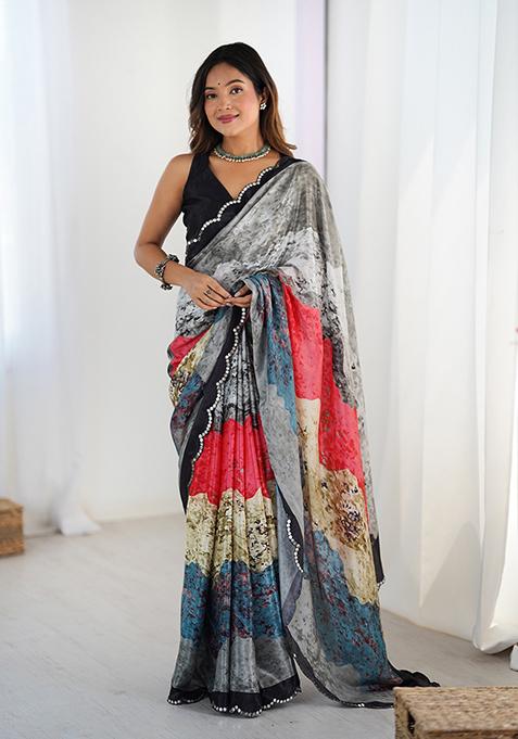 Grey Embroidered Chinon Saree Set