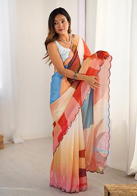 Multi Embroidered Chinon Saree Set