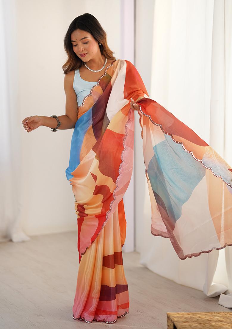 Multi Embroidered Chinon Saree Set