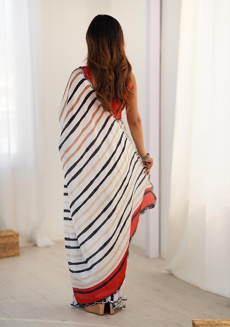 White Embroidered Chinon Saree Set