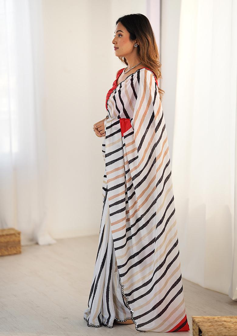 White Embroidered Chinon Saree Set