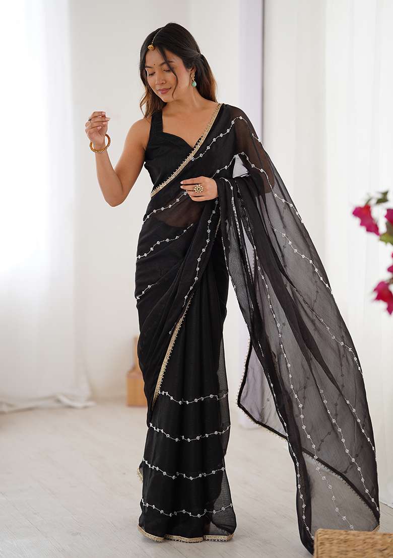 Black Embroidered Sitara Chiffon Saree Set - Indya