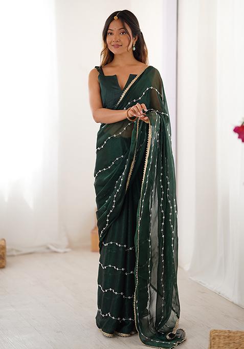 Green Embroidered Sitara Chiffon Saree Set
