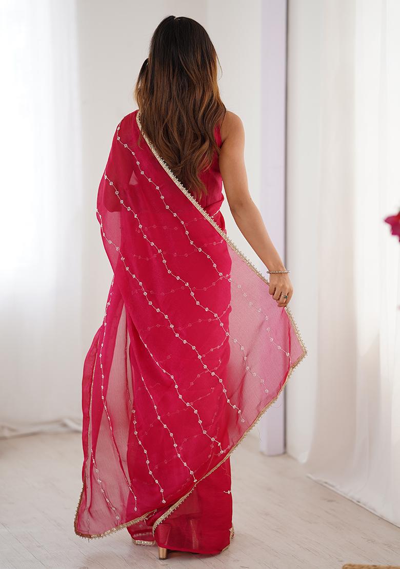 Pink Embroidered Sitara Chiffon Saree Set