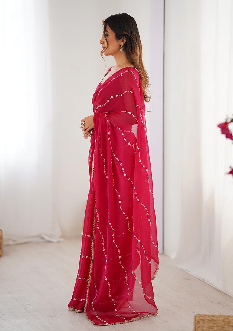 Pink Embroidered Sitara Chiffon Saree Set