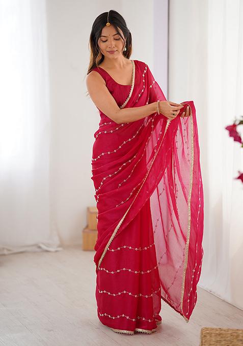 Pink Embroidered Sitara Chiffon Saree Set