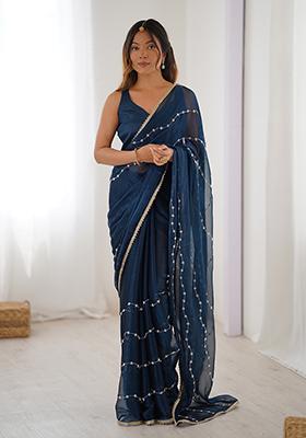 Petrol Blue Embroidered Sitara Chiffon Saree Set