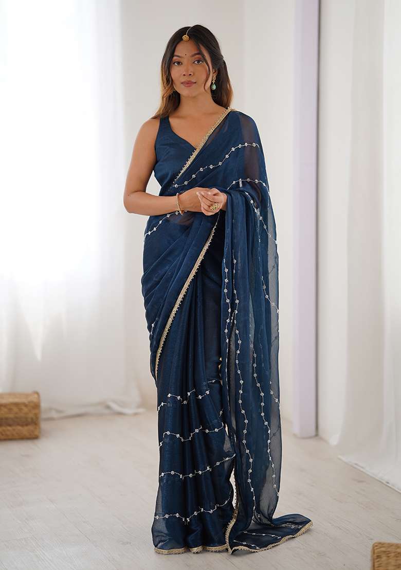 Petrol Blue Embroidered Sitara Chiffon Saree Set - Indya