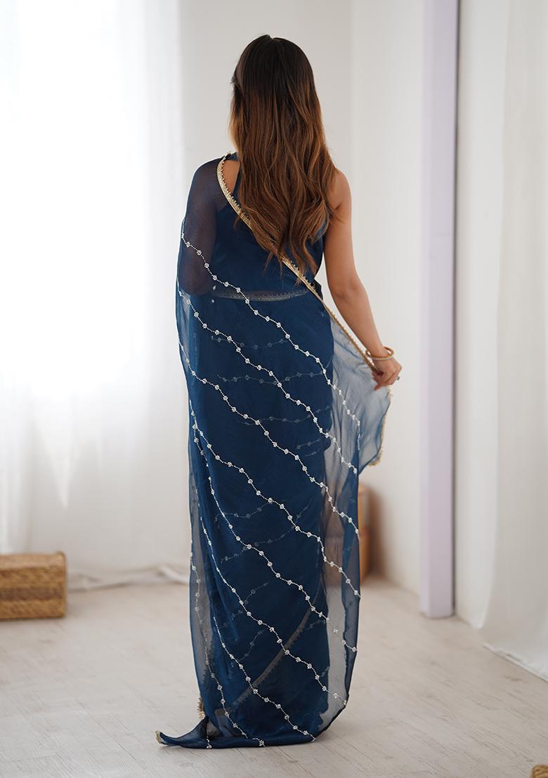 Petrol Blue Embroidered Sitara Chiffon Saree Set