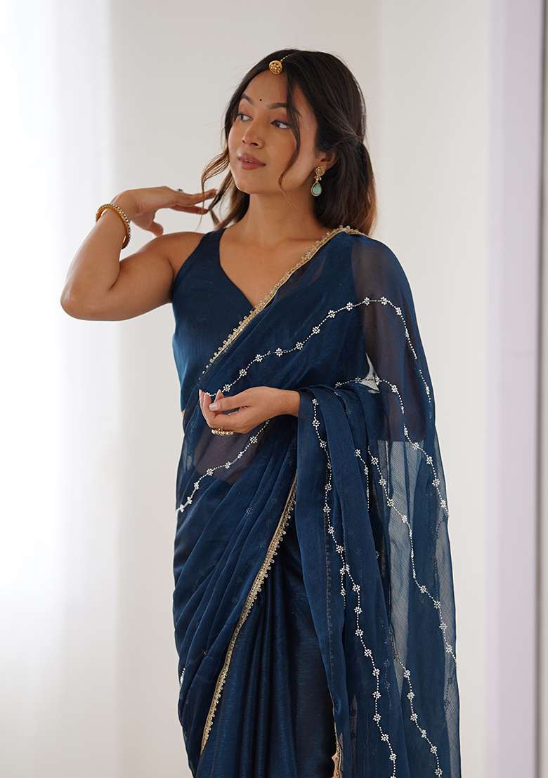 Petrol Blue Embroidered Sitara Chiffon Saree Set - Indya