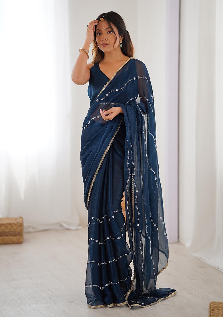 Petrol Blue Embroidered Sitara Chiffon Saree Set