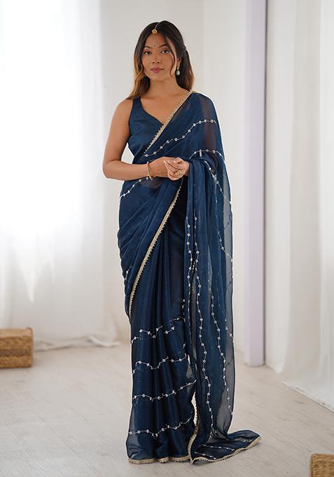 Petrol Blue Embroidered Sitara Chiffon Saree Set