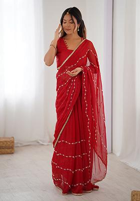Red Embroidered Sitara Chiffon Saree Set