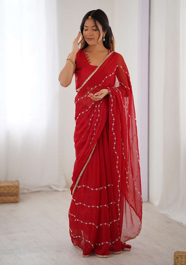 Red Embroidered Sitara Chiffon Saree Set - Indya
