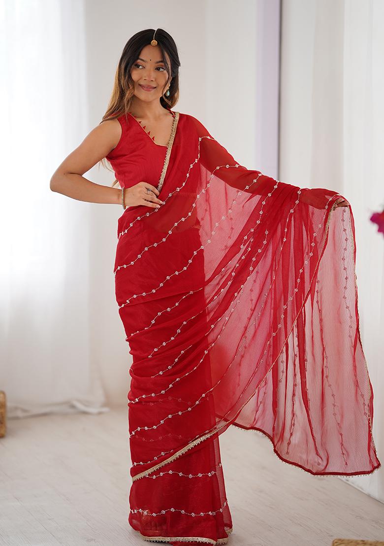 Red Embroidered Sitara Chiffon Saree Set