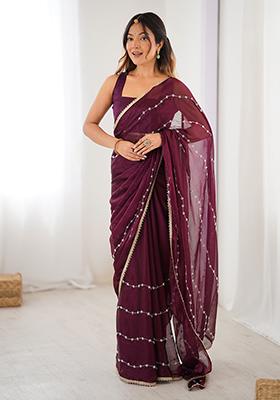 Wine Embroidered Sitara Chiffon Saree Set