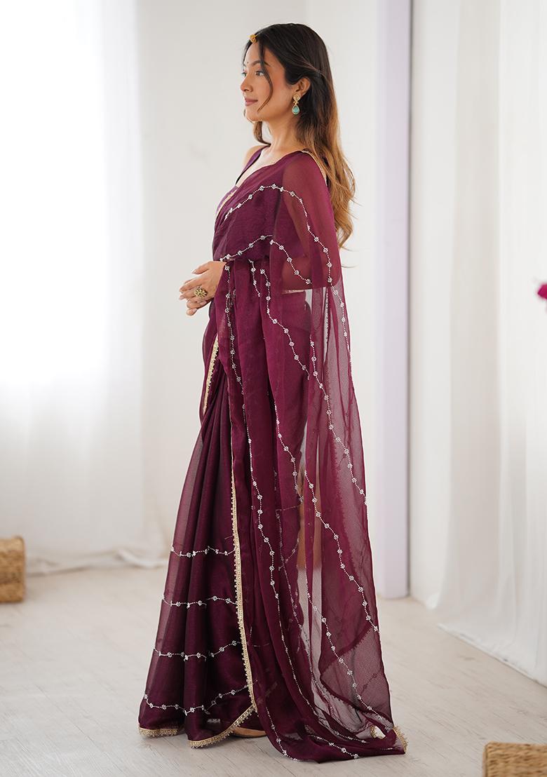 Wine Embroidered Sitara Chiffon Saree Set