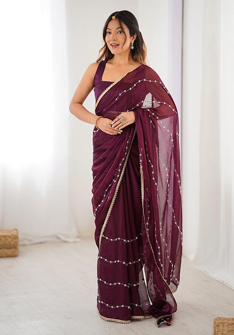 Wine Embroidered Sitara Chiffon Saree Set